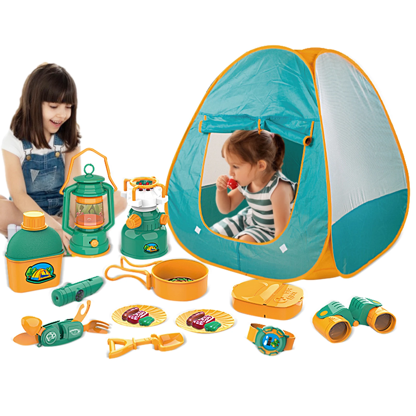

Kids Camping Tent Set Set Of 21 Includes Pop Up Play Tent Camping Gear Tools Adventure Set Play Kitchen Food Set Indoor And