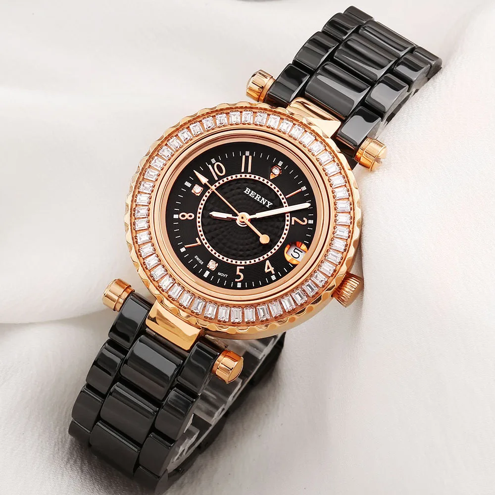 BERNY Women Quartz Watch Swiss 705 Diamond Luxury Brand Fashion Ceramic Bracelet Wristwatch Sapphire Rhinestones Watch Ladies