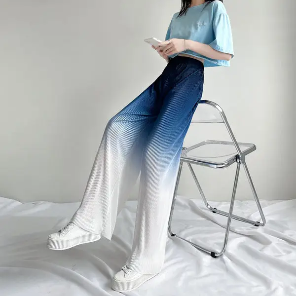 

Women 2022 Summer Fashion Gradient Plaid Wide-leg Pants Female High Waist Loose Pants Ladies Ice Silk Straight Trousers P159