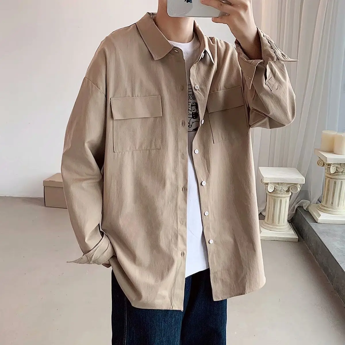 Spring Autumn Safari Shirt Men Long-sleeve Student Korean Trendy Oversize Tooling Shirts Ruffian Casual Solid Color Loose Shirt
