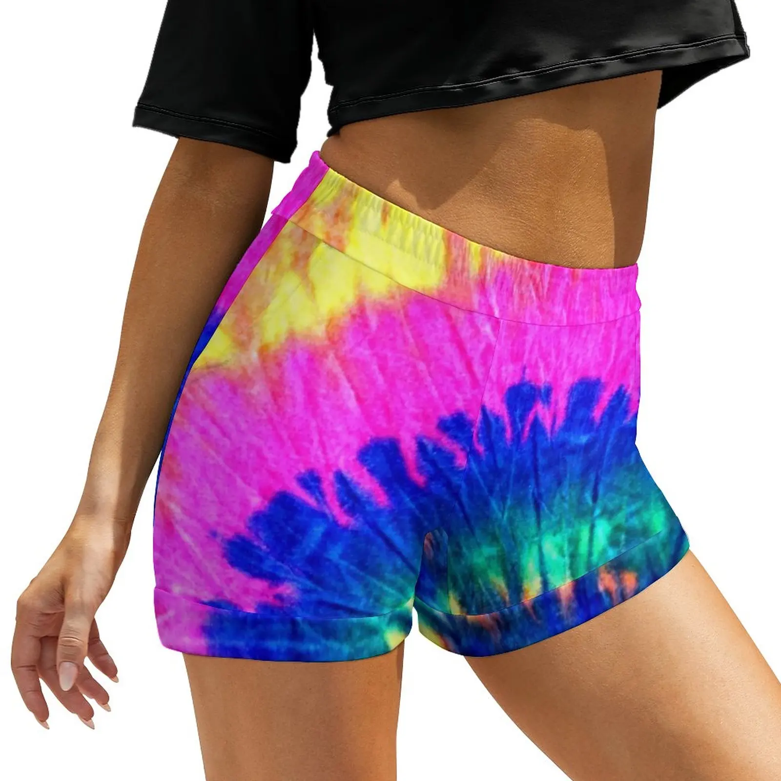 

Tie Dye Spiral Shorts Circle Rainbow Pattern Oversized Slim Shorts Elastic High Waist Cycling Short Pants Women Print Bottoms