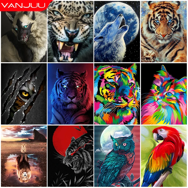 

5D Diamond Painting Parrot Tiger Diamond Mosaic Animal Cat Rhinestone Embroidery Full Round Diamond Cross Stitch Kit