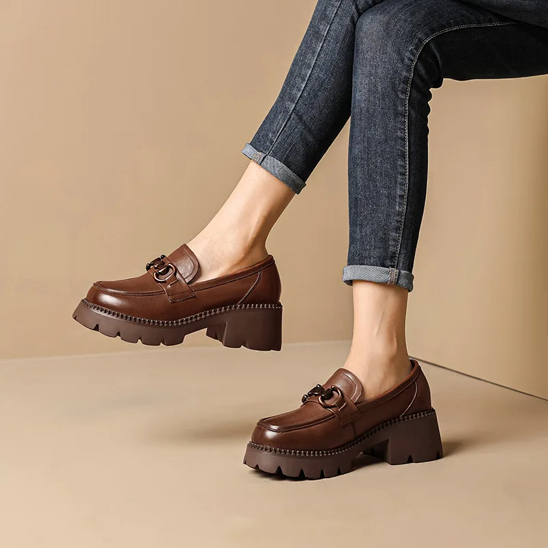Platform Punk Women Loafers Cow Leather Round Toe Black Brown Metal Chain Oxfords Shoes Retro Slip on Flats for Women Handmade