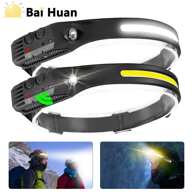 Sensor Headlamp COB LED  Flashlight USB Rechargeable Type c Head Torch 5 Lighting Modes Head Light with Built-in Battery Fishing