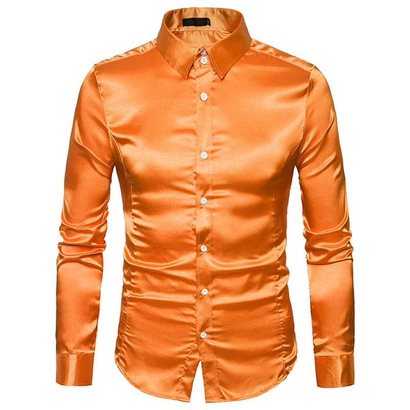 

Men Satin Shirts Solid Color Long Sleeve Turn-down Collar Button-up Shirt Autumn Casual Loose Solid Cardigan Tops Mens Clothing