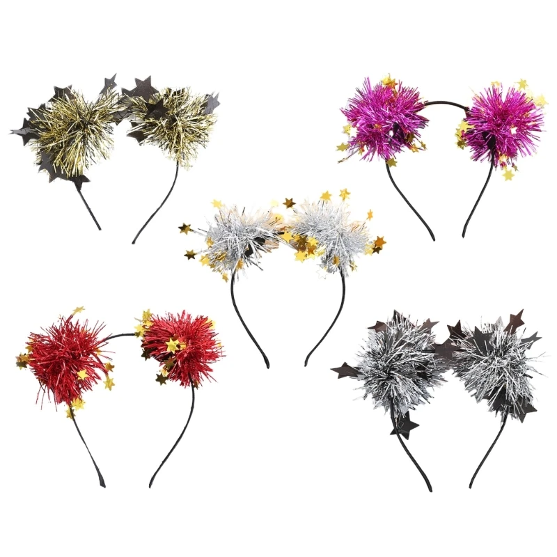 

E9LC Tinsel Star Pompom Shape Hair Hoop Women New Year Headband Makeup Hair Decors