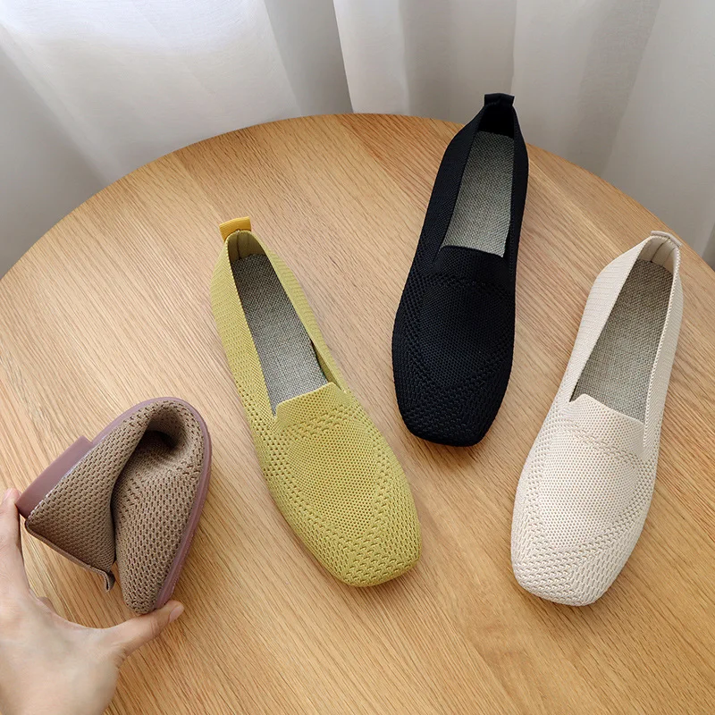 square toe flats woman mocasins yellow knit flat women shoes big size 42 grandma mesh loafers for ladies orthopedic ballet flats