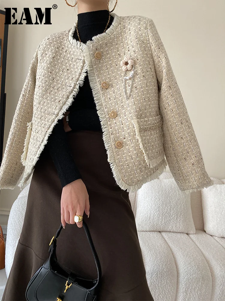 

[EAM] Loose Fit Beige Elegant Duck Down Tweed Jacket New O-neck Long Sleeve Women Coat Fashion Tide Autumn Winter 2023 1DF4000