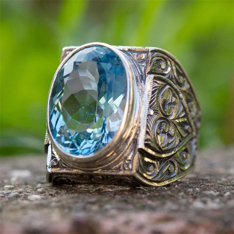 

Engraved Aquamarine Men's Rings Vintage Wedding Men's Rings Set with Large Round Crystals Turkish Fashion Luxury Jewelry