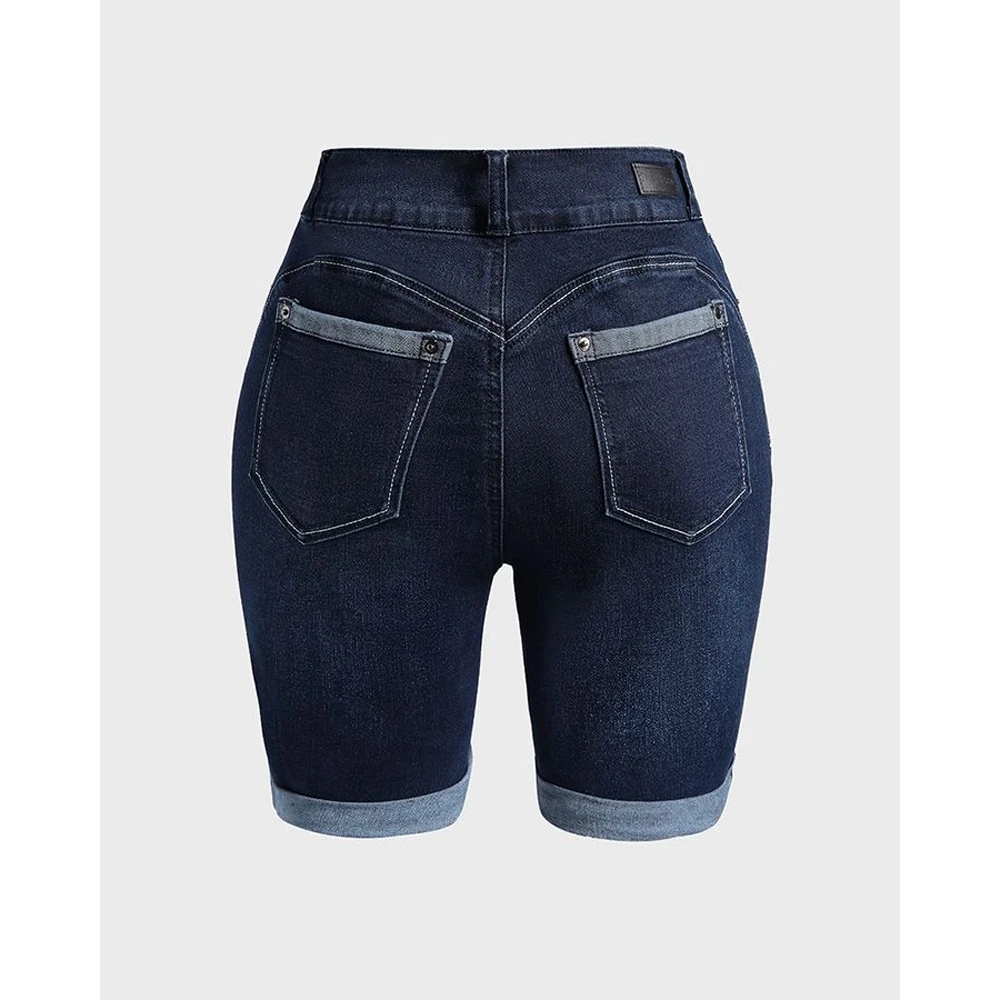 2023 Summer Women Contrast Paneled Pocket Design Denim Casual Cuffed Shorts High Waist Skinny Hot Pants Fashion Wear Holiday