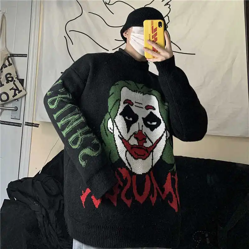 

Autumn New Sweater Men Loose Retro Clown Letter Jacquard Lovers Knit Sweater Round Neck Pullover Harajuku Jumper Chic Pullover