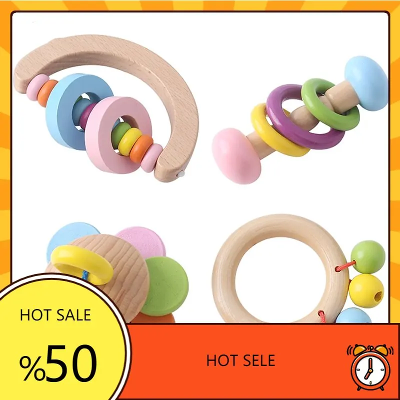 

Montessori Wooden Rattles Baby Grasp Play Game Teething Infant Early Educational Toy Toddler Hand Bell Rattles Baby Shower Gift