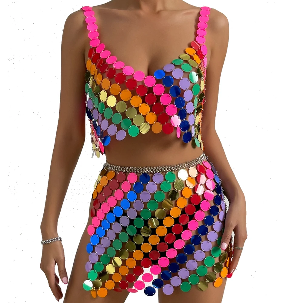

IngeSight.Z Sexy Colorful Disc Sequins Bra Body Chain for Women Fashion Hollow Out Top Skirt Festival Rave Party Body Jewelry