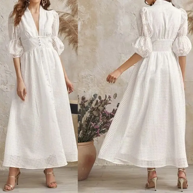 Купи CFFD-015 2022Y New Arrival White Puff Sleeve V Neck Women's Dress Loose Button Slid Color Plaid Long Dress Casual Dresses за 2,408 рублей в магазине AliExpress