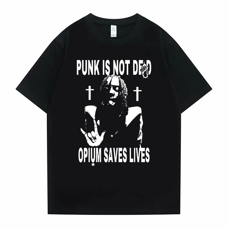 

Hip Hop Oversized Playboi Carti Punk Is Not Ded Opium Saves Lives Print Tshirt Men Women Casual Loose T Shirt Men's Black Tees