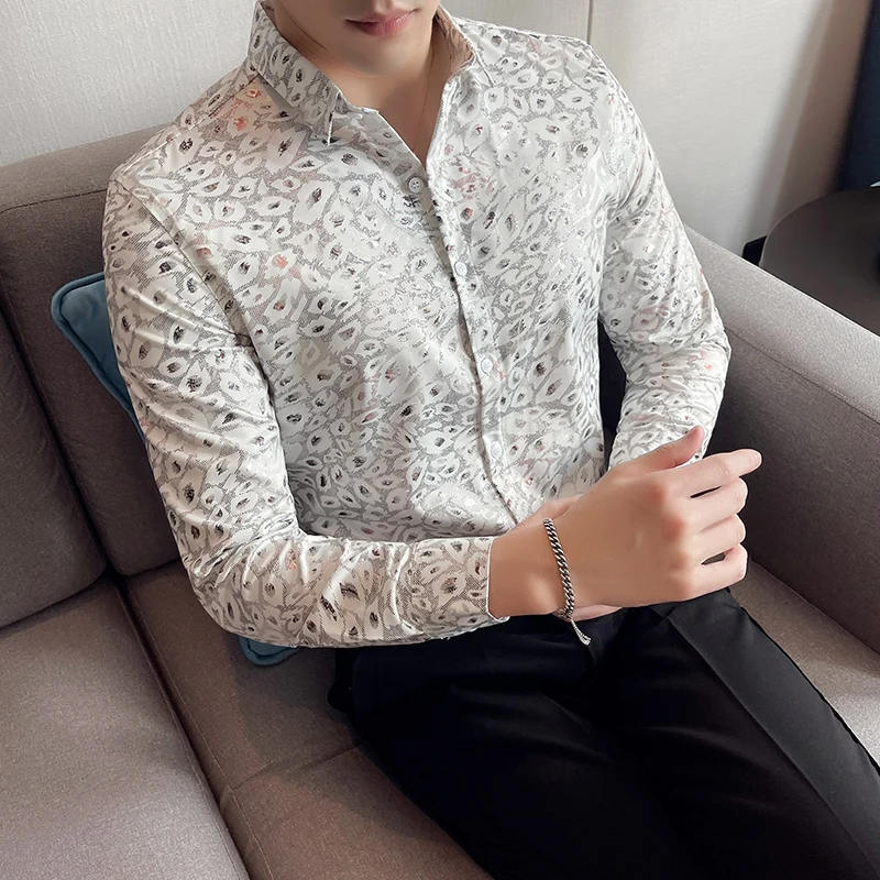 Leopard Print Shirt for Men British Style Slim Long Sleeve Casual Shirt Business Dress Clothing Social Party Streetwear Blouse