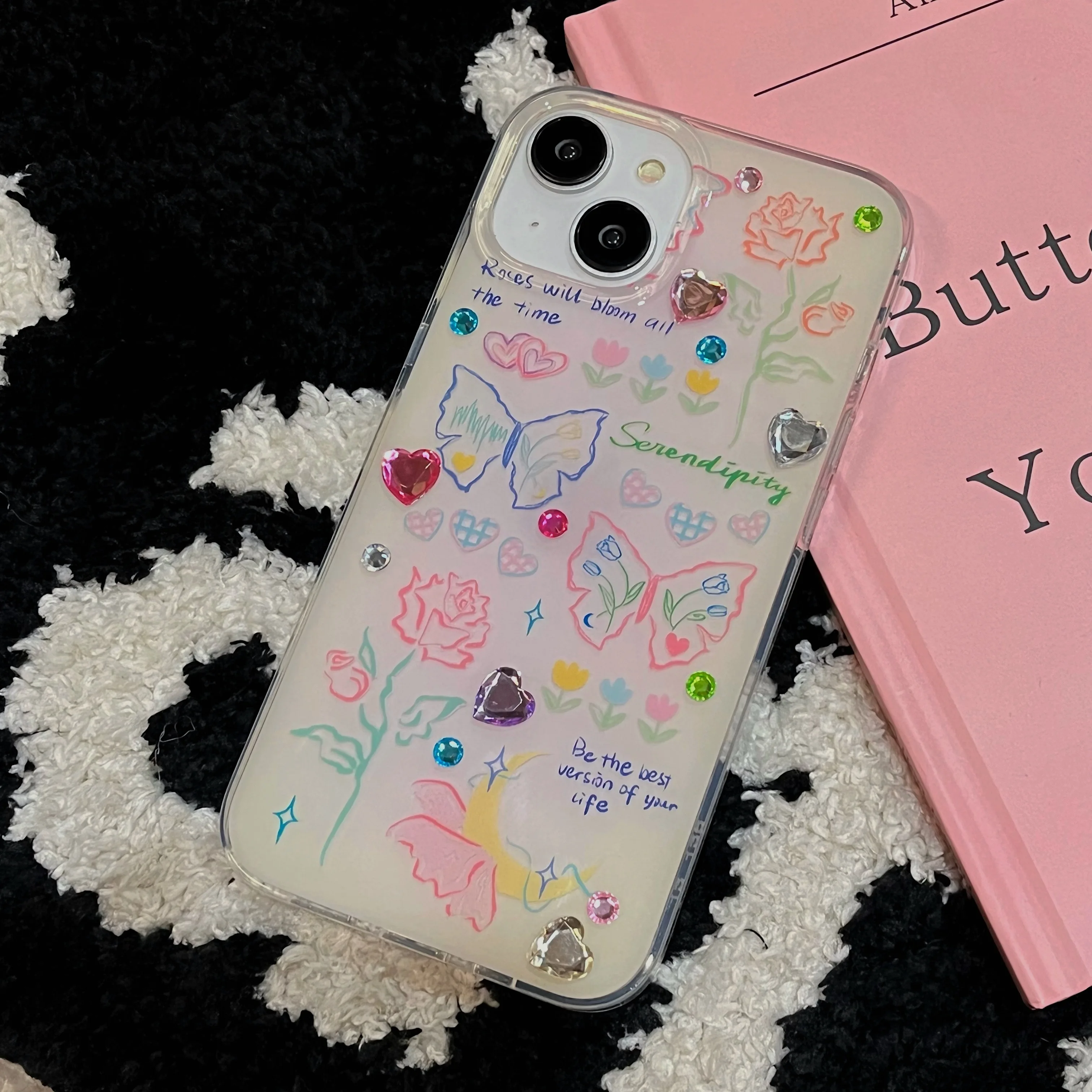 Korean Chic Glittering Hearts Gradint Butterflies Case for iPhone 14 13 Pro Max Plus Back Phone Cover for 12 11 Pro Max Capa
