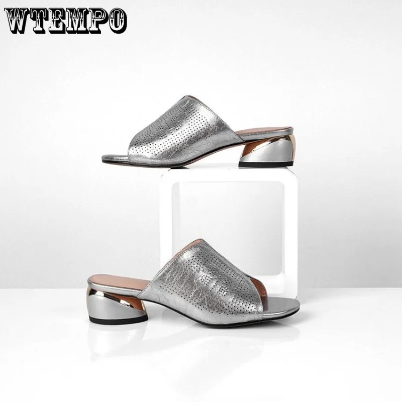 WTEMPO Soft Leather Slippers Comfortable Thick Heels Female High-heeled Sandals Summer Open-toe Antiskid Shoes Dropshipping