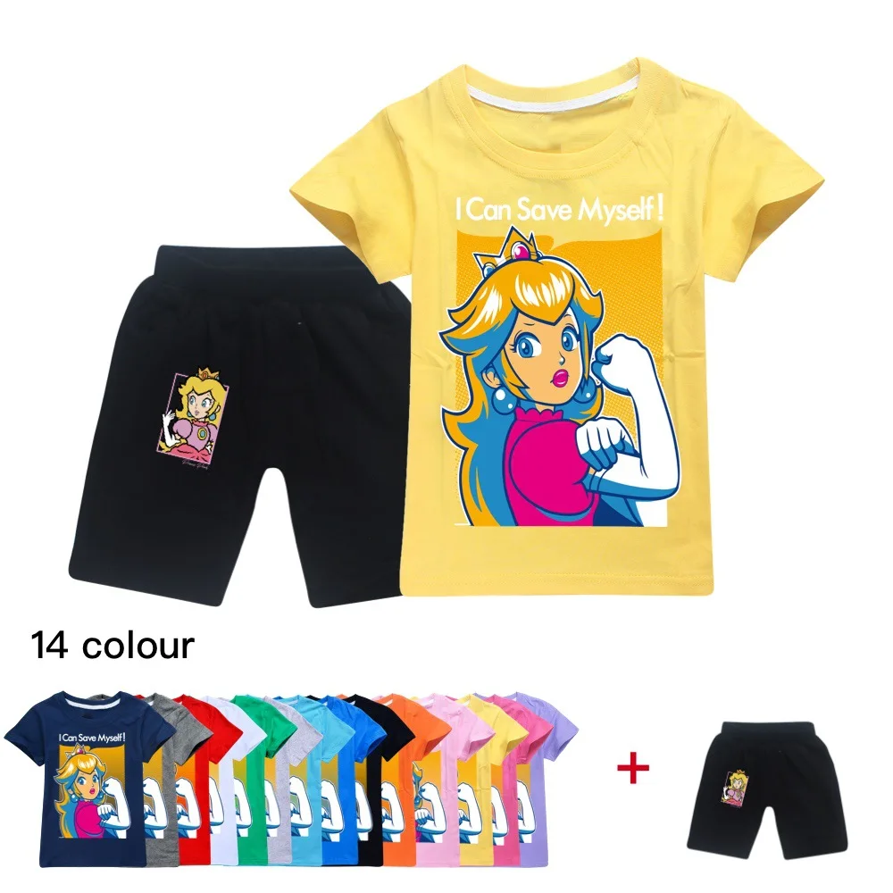 

princess peach Boys Girls 2pcs/set Fashion Boys Kids Suit Short Sleeve Clothes Set Girl Summer Outfits 2-14 Years
