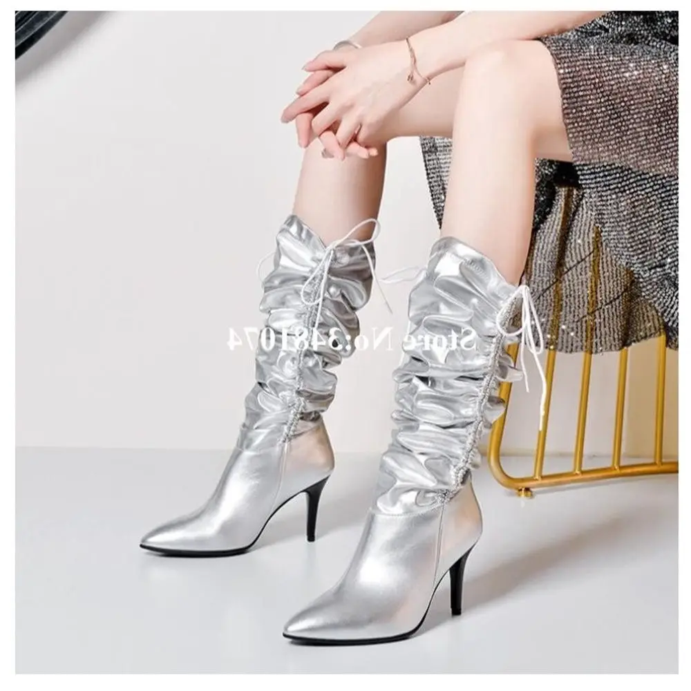

2022Hottest Winter Fashion Women Boots Gold Black White Wrinkle Design Sexy Thin High Heel And Pointed Toe Women Shoes