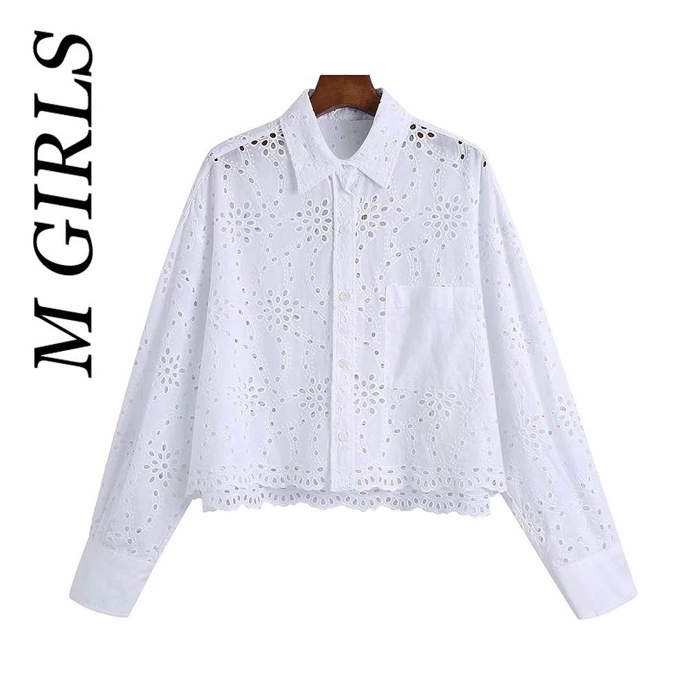 M GIRLS Women  Fashion Hollow Out Embroidery Loose White Blouses Vintage Long Sleeve Button-up Female Shirts Chic Tops
