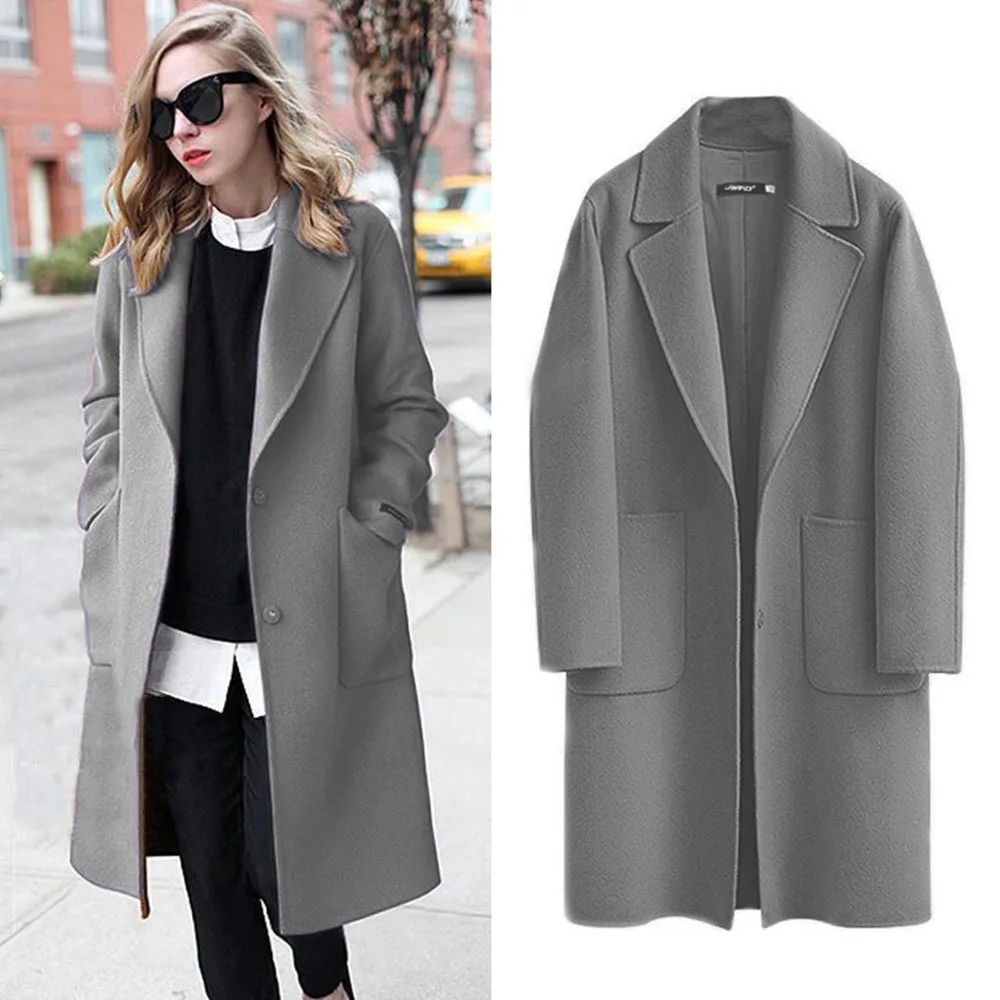 

Women's Winter Felt Pea Coat Single Breasted Lapel Collar Long Jacket M-XL Long Overcoats Solid Color with Pockets FS99