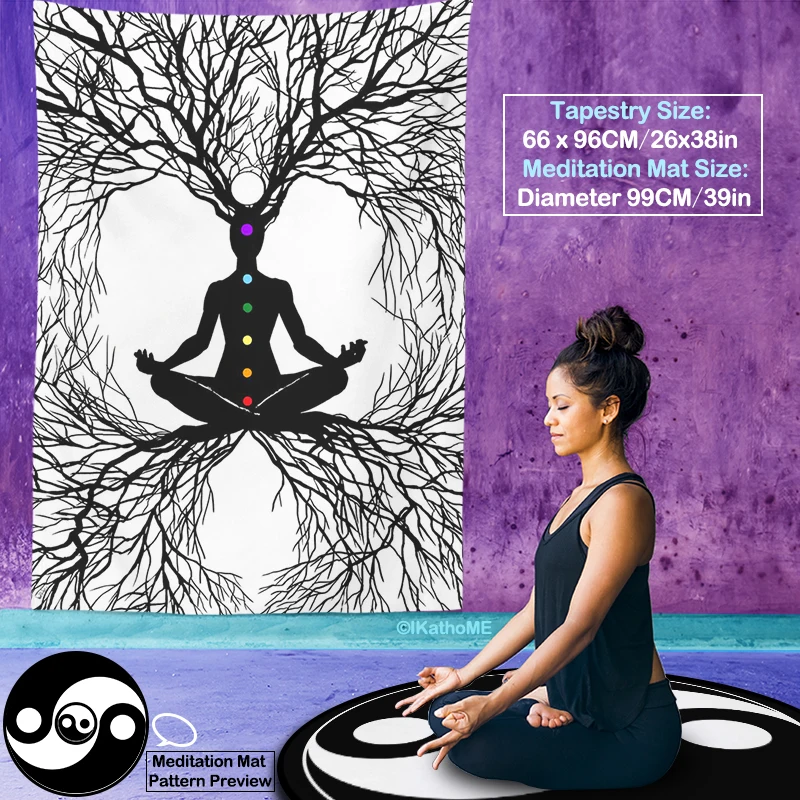 

Black White Seven Chakra Vertical Tapestry Tree of Life Wall Hanging Spiritual Healing Yoga Meditation Carpet Yin Yang Round Mat