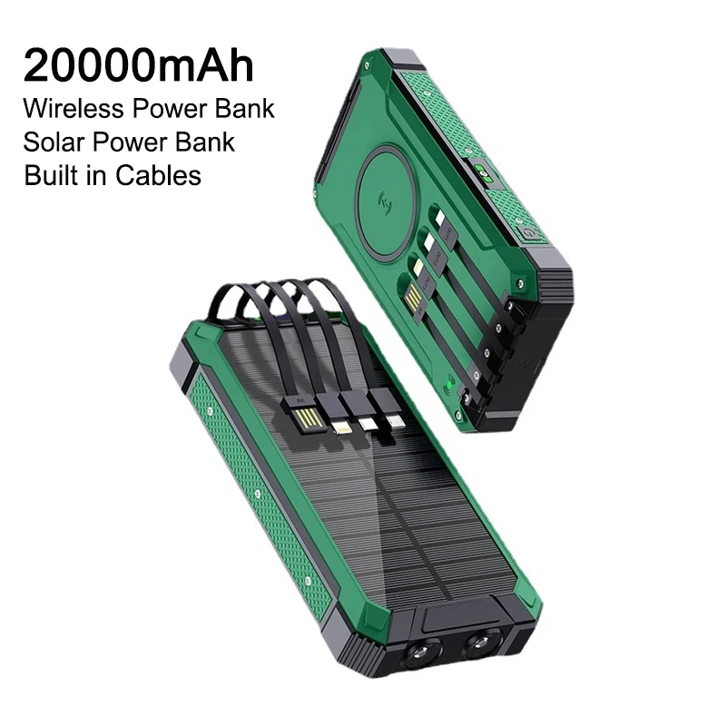 

20000mAh Solar Power Bank Qi Wireless Charger Powerbank With Cable LED Light for iPhone 14 13 Pro Samsung S23 Xiaomi 9 Poverbank