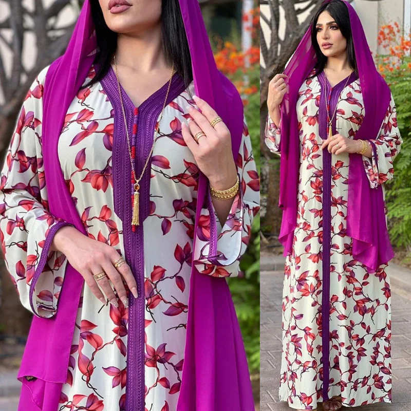 

Middle Eastern Muslim Women's Hijab Dress Purple Printed Abaya 2022 Dubai Oman Arabic Robe Southeast Asian Clothing New