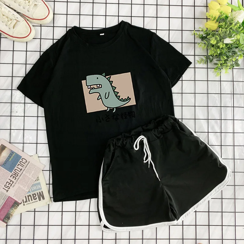 QWEEK Home Wear Sleepwear Sets for Women Pijamas Lovely Pattern Pajamas Hot Sale Femme Suits with Shorts Korean Loungewear