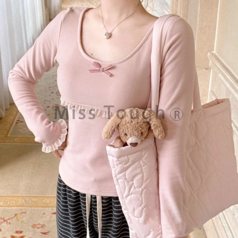 Женская розовая блузка с круглым вырезом и длинными рукавами бантом