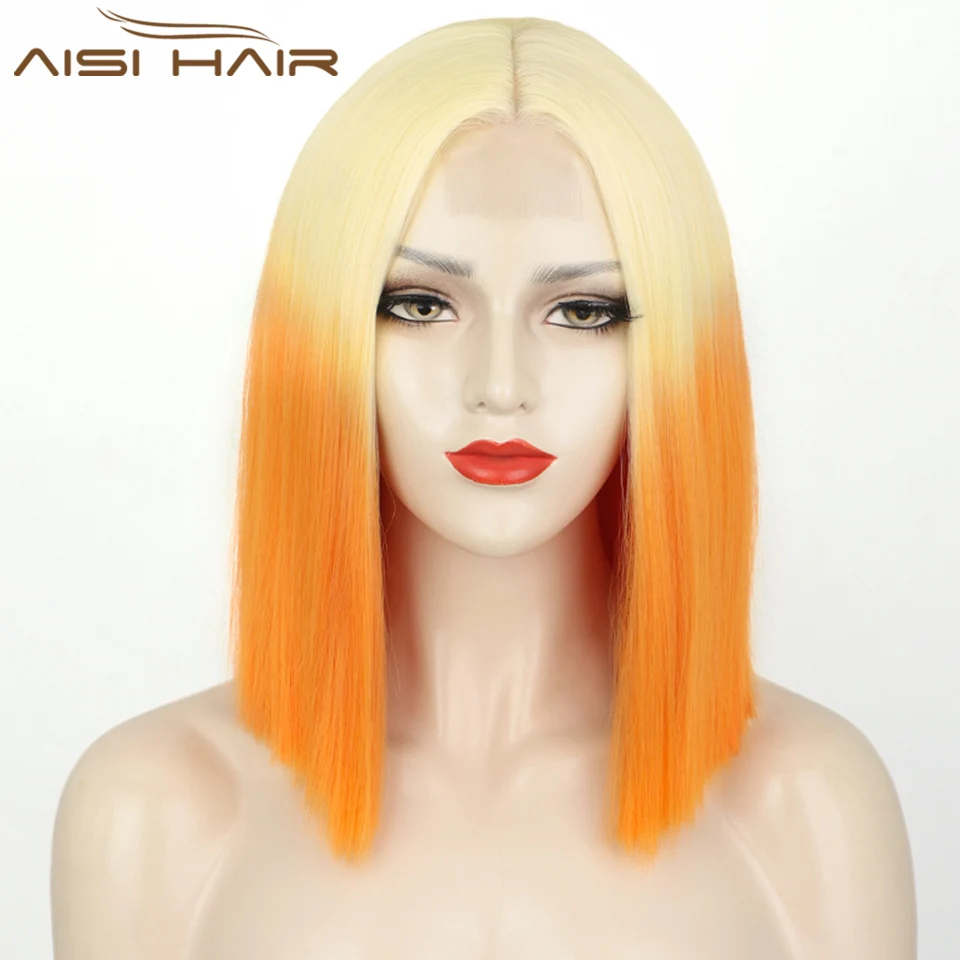 AISI HAIR Synthetic Ombre Orange Wig Short Straight Middle Part Bob Wig for Women Natural Yellow/Red Wigs Heat Resistant Fiber