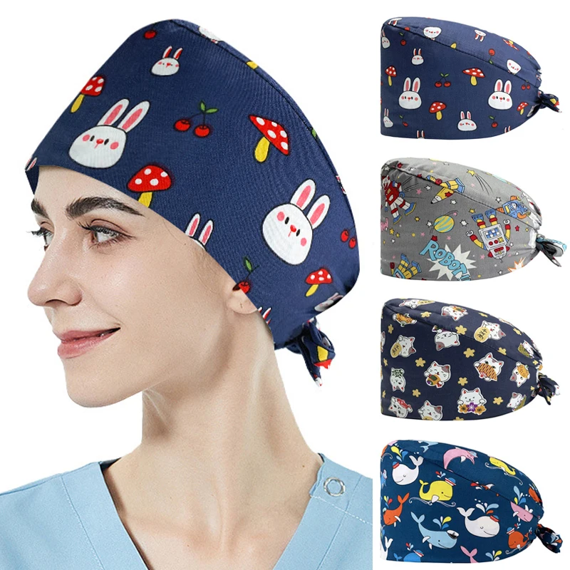 

Multifunction Cartoon Animal Print Surgical Cap Breathable Comfortable Unisex Cotton Blend Medical Dentist Nurse Working Hat