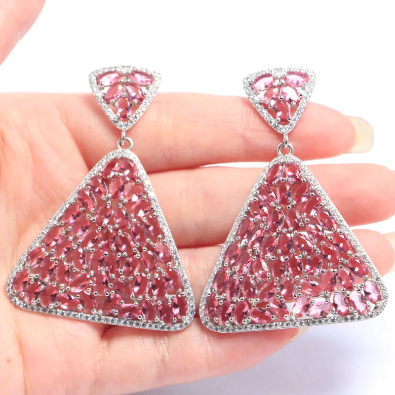 Серьги из серебра 925 пробы с крупным розовым родолитом малины и белым фианитом, 54x38 мм