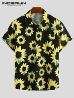 incerun men short sleeve shirts men summer sunflower print shirt man casual beach style loose blouse fashion lapel vacation tops
