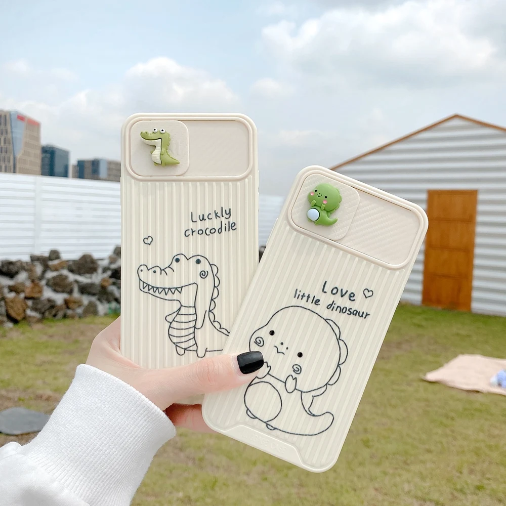 

Cute Dinosaur Slide Camera Protection Phone Case For iPhone 11 12 13 Pro Max XR XS X Suitcase Soft Cover For iPhone 7 8 Plus