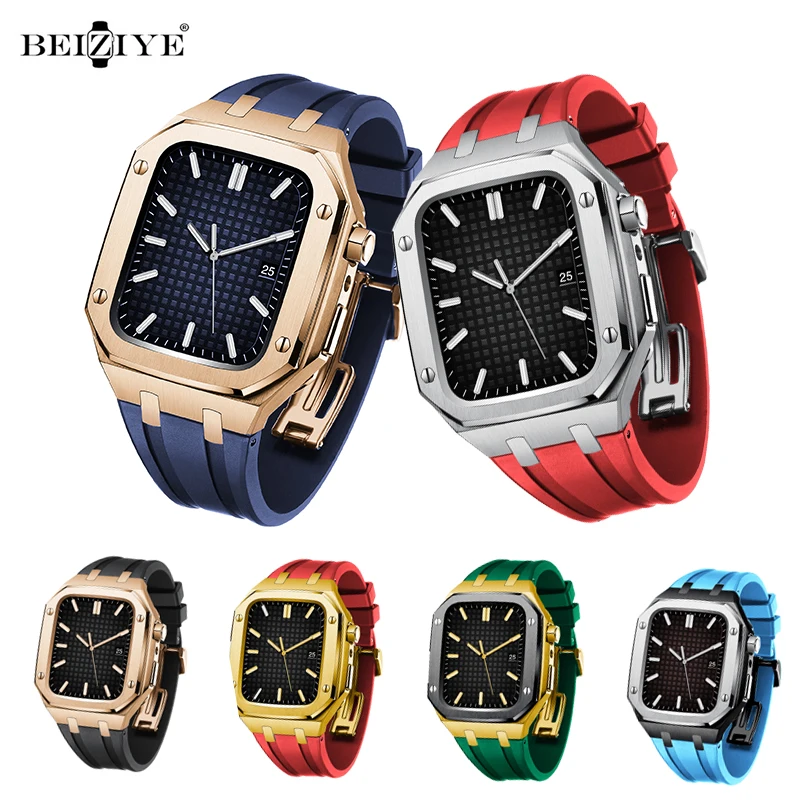 

Модифицированный комплект чехол для часов + ремешок для Apple Watch Band 44 мм 42 мм 45 мм, металлический ремешок для часов, резиновый браслет для iWatch SE ...