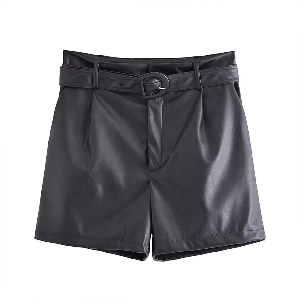 

Women 2022 New Chic Fashion Belted PU Faux Leather Shorts Retro Side Pockets High Waist Zipper Female Straight Pants Mujer