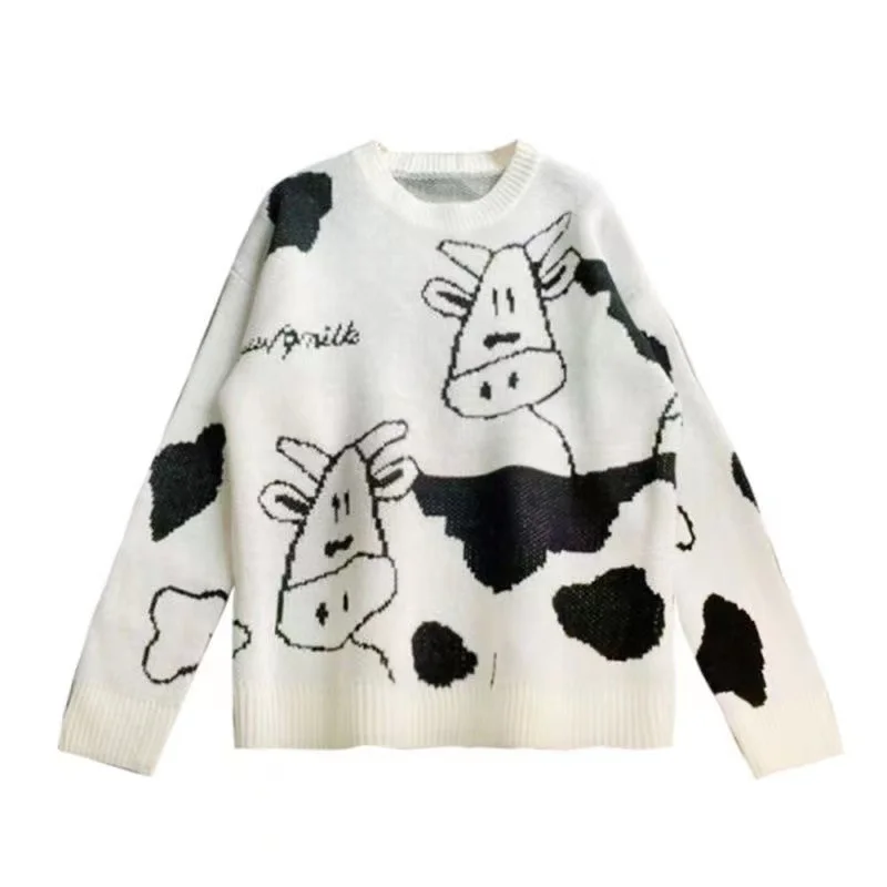 

SAYTHEN Cow Sweater Female Cute Japanese Soft Girl College Style Student Small Western Style Loose Vintage Sweater