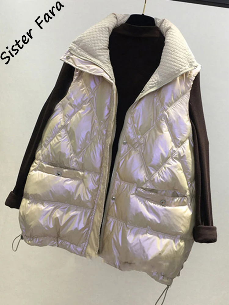

Sister Fara Shiny Glossy Down Puffer Vest Women Women's Quilted Vest Stand Collar Lightweight Zip Padded Gilet Vest