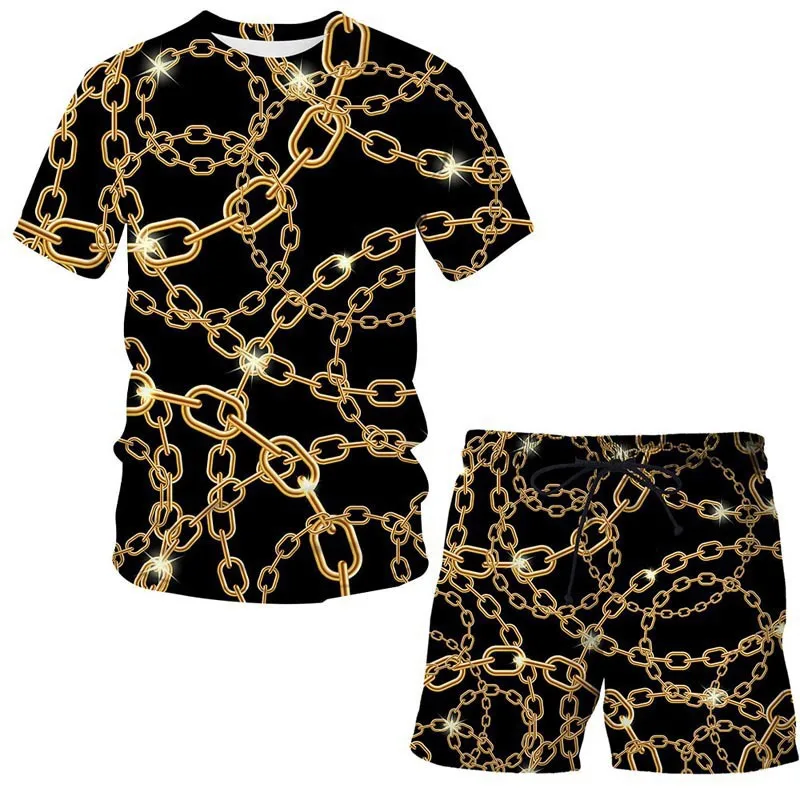New Summer Men Sets Retro Luxury Gold Chain Short Sleeve T-shirt Two Piece Fashion Tops Tee Casual Streetwear Couple Clothing
