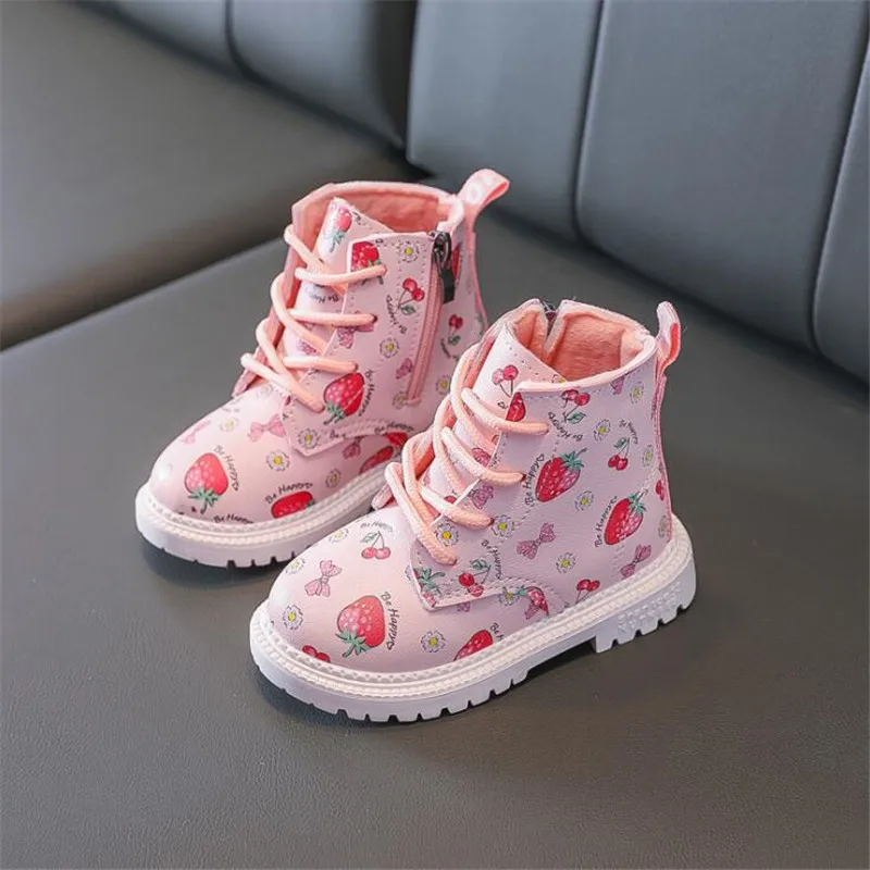 Children Warm Girl Baby British Leather Boots autumn  winter 2022 New Girls Boots Cute Strawberry Boots