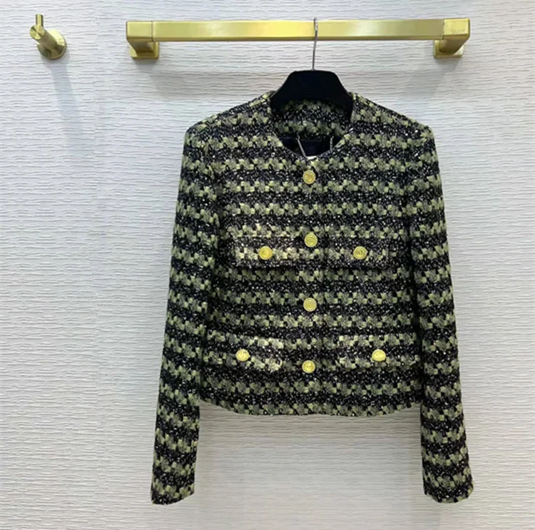 

European and American women's wear spring 2022 new Long sleeve single breasted button fashion Gold button tweed coat