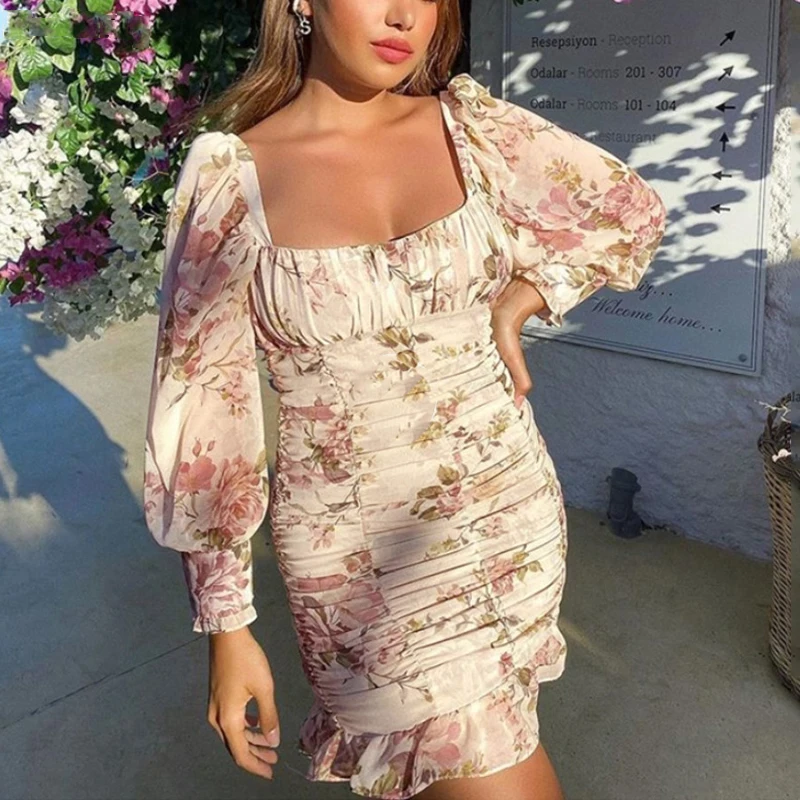 

OEING Square Collar Floral Print Puff Sleeves Bodycon Dress Vintage Slim Draped Mini Dress Vestidos Party Dress Woman Clothes