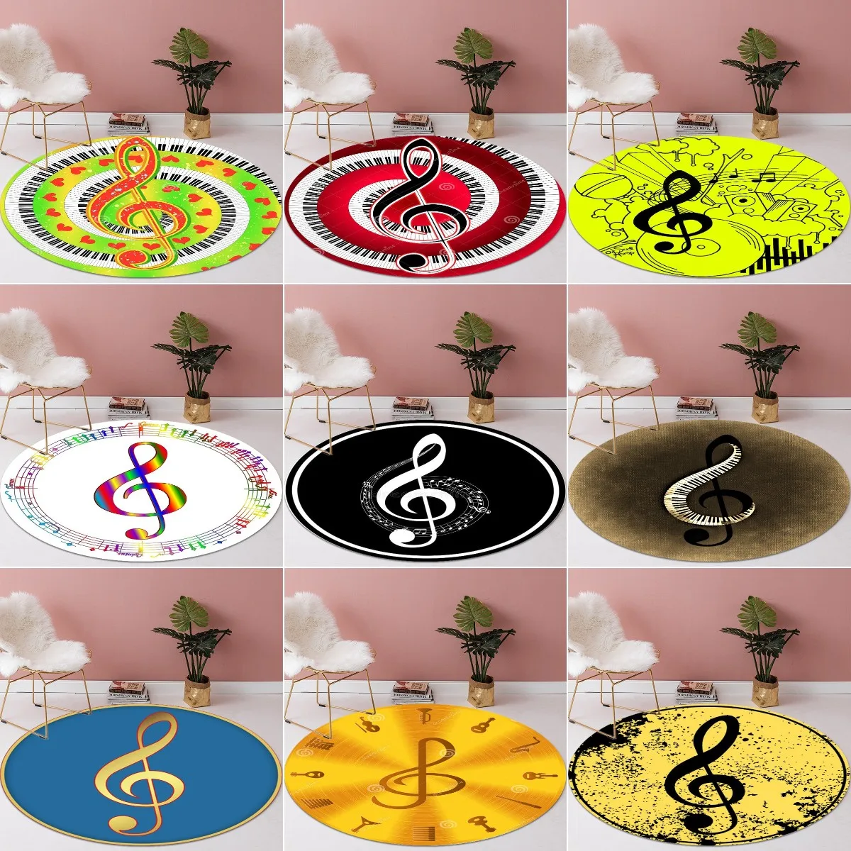 

New Colorful Music Symbol Carpet Piano Keys Black White Round Rugs Non-slip Area Rug for Living Room Bedroom Foot Pad Decoration