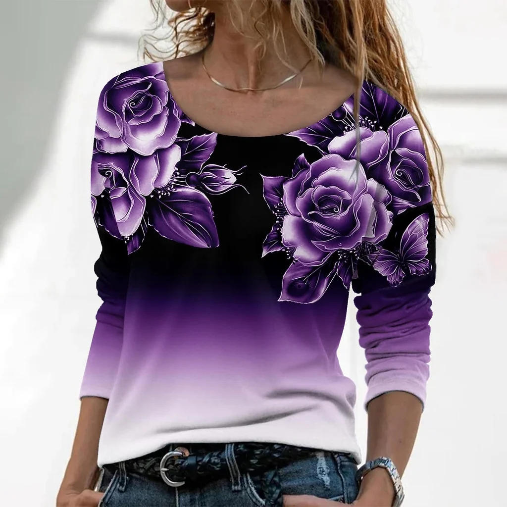 

2022 [New In] Women Casual T Shirt 3D Print Rose Pattern O-Neck Street Casual Oversized Tops Plus Size