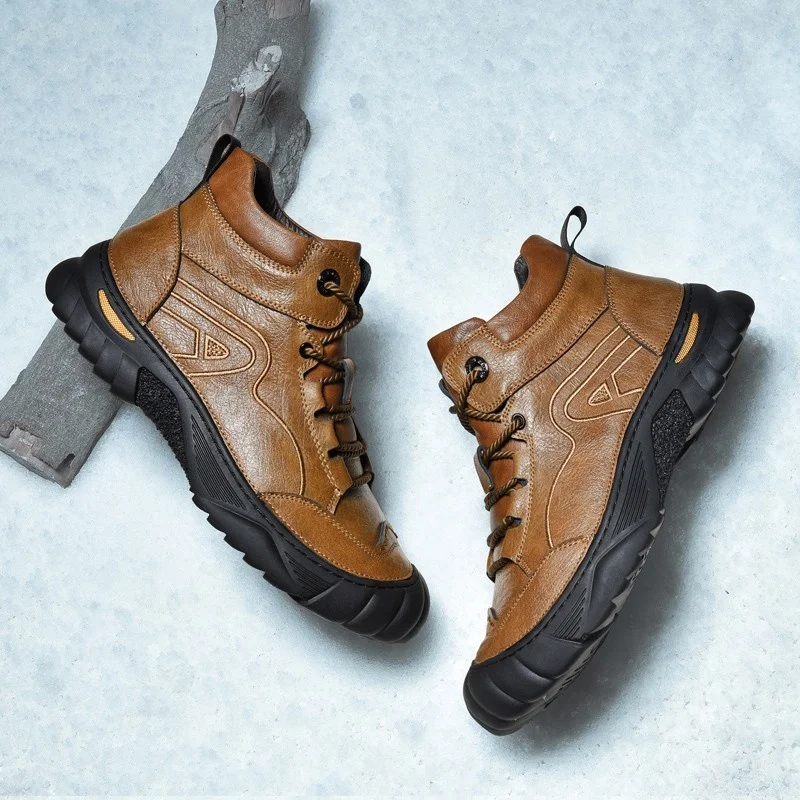 SALUDAS Winter Shoes Men's Luxury Genuine Leather Boots Outdoor Waterproof Fur Warm Ankle Boots Non-slip Hiking Sneakers Male
