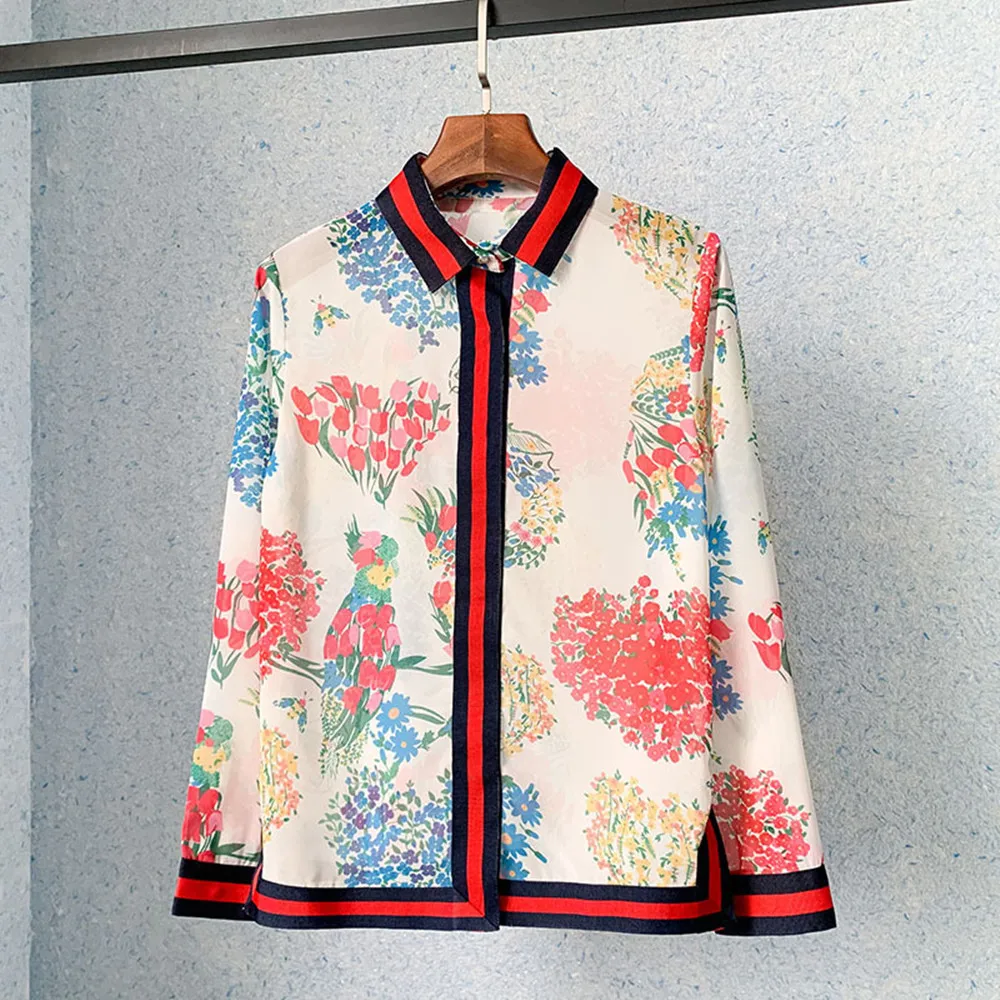Spring Korean Style Women's Flroal Print Long Sleeves Shirt Tops C738