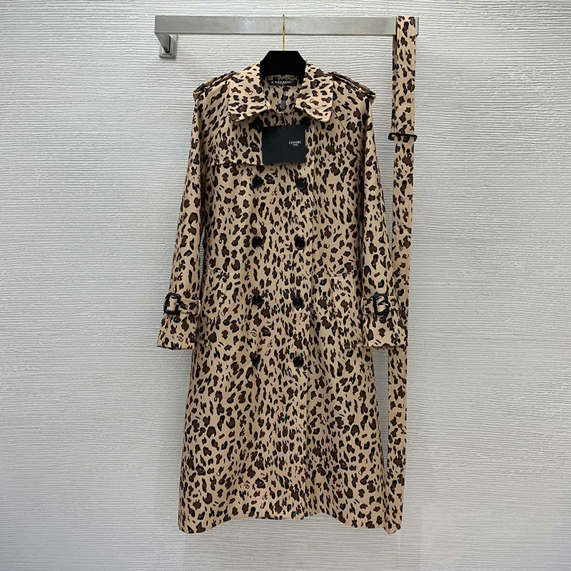 

23 Spring Women Windbreaker Fashion Leopard Print Double Breasted Tunic Belt Outerwear Coat Vintage Lady Office Long Jacket Tops