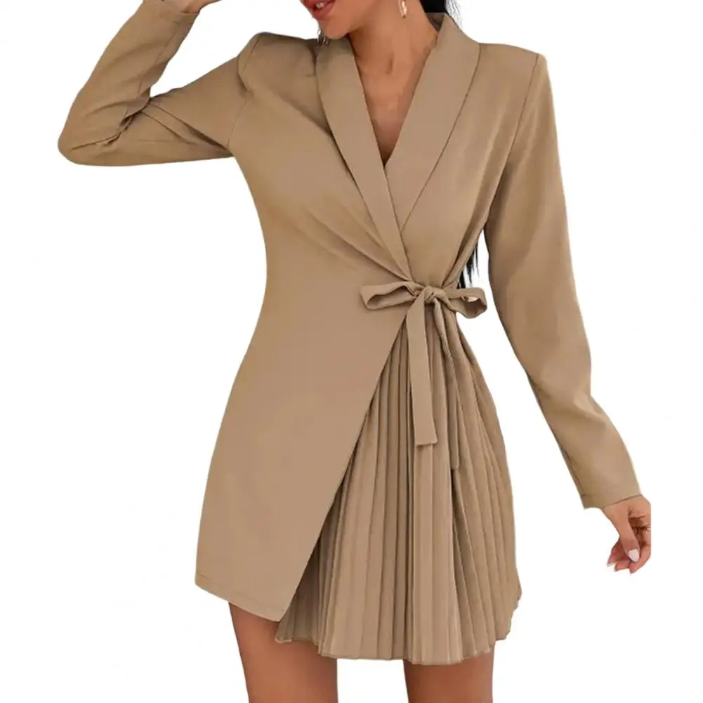 

Autumn Dress Lapel Party Dress Women Autumn Solid Color Waist Lace-up Mini Dress